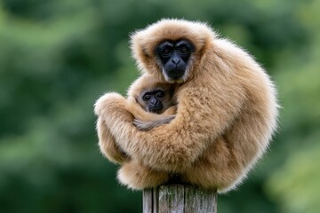 Fototapeta premium The Golden Gibbon Family Embracing Each Other on a Wooden Post