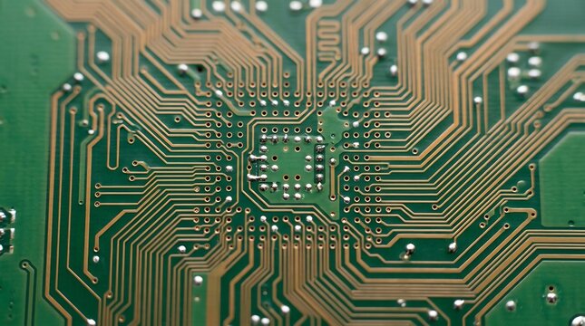 Close-up of a green printed circuit board with intricate golden traces and microchips