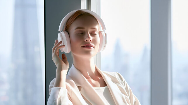 Young woman with light hair wearing white headphones enjoys music while sitting by a large window with a cityscape view in a modern office environment