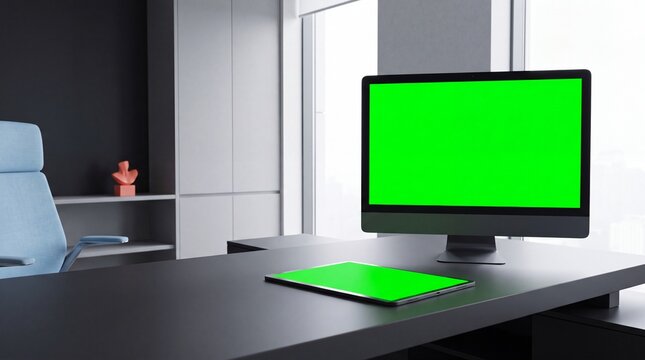 Modern luxury executive office desk mockup setup with desktop computer monitor and tablet green screen chroma key display, dark executive desk, light blue ergonomic chair, orange bust sculpture, 