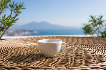 Obraz premium The Cup on a Woven Rattan Table with Sea View