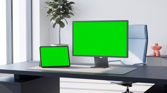Modern luxury executive office desk mockup setup with computer monitor and tablet green screen chroma key display, dark executive desk, desk mat, light blue ergonomic chair, potted fiddle leaf fig 