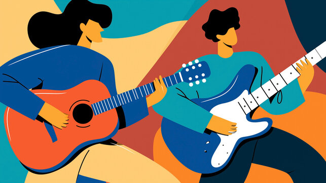 Musicians playing acoustic and electric guitars celebrating international music day with colorful creative performance