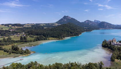 Fototapeta premium Aerial View of Lake Fuschl in the Salzkammergut, Austrian Alps, Austria