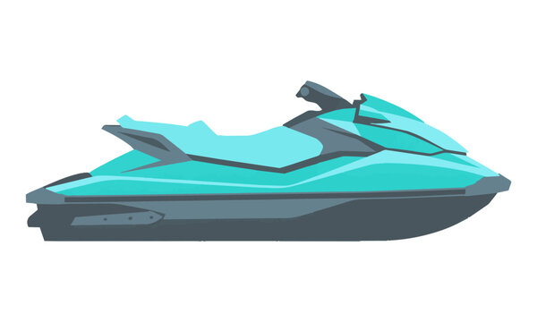 Modern personal watercraft jet ski in vibrant turquoise and grey with sleek aerodynamic contours and flat solid color design recreational water sports concept
