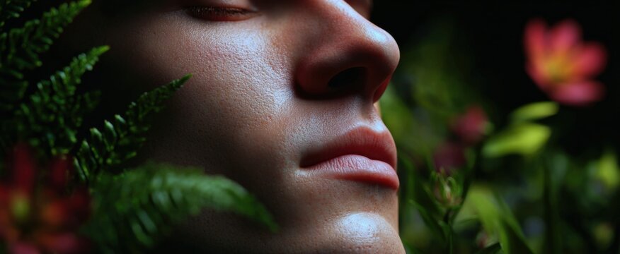 Medium shot of an individual having a facial tic outdoors.
