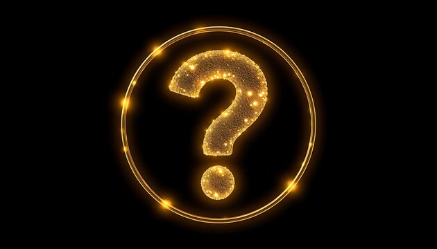Golden glittering question mark icon inside circular ring frame on isolated black background.