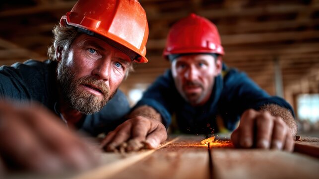 Two hard-working construction workers, wearing helmets, concentrating intently on their woodworking task at a construction site, embodying teamwork and dedication to their craft.