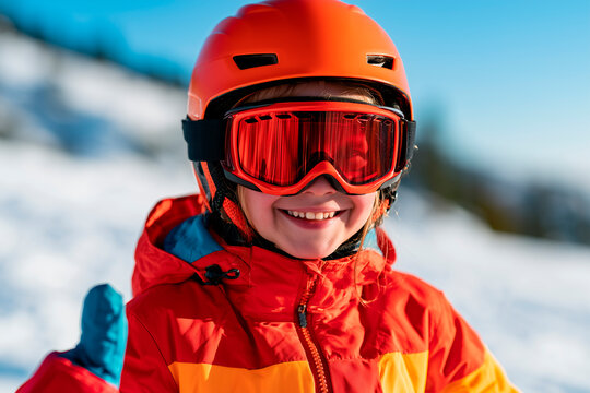 Teenager with orange helmet and goggles showing thumbs up on ski slope