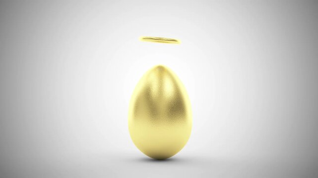 Golden egg with a floating halo gently rotating above it on a clean background, symbolic luxury and spiritual concept, 3D render