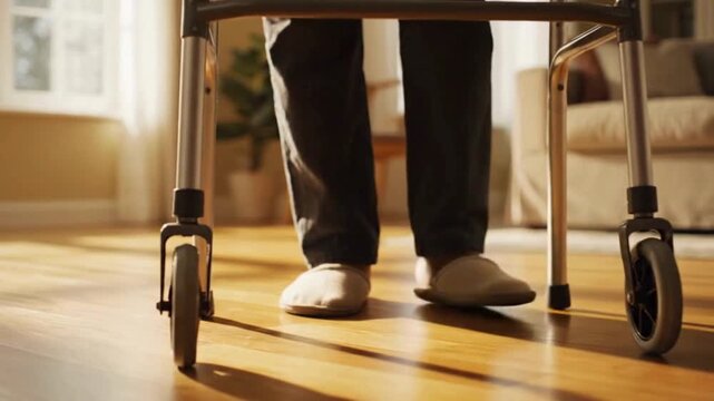 Low angle view of elderly person using a walker in a sunlit living room