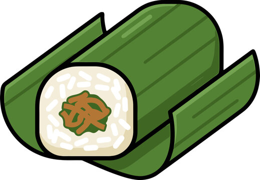Vector illustration of traditional Indonesian lemper snack made of glutinous rice wrapped in banana leaf.