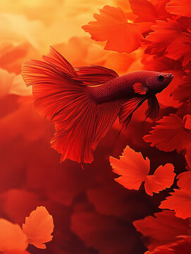 Elegant Red Betta Fish Swimming Through Vibrant Red Autumnal Leaves in a Dreamy Underwater Concept