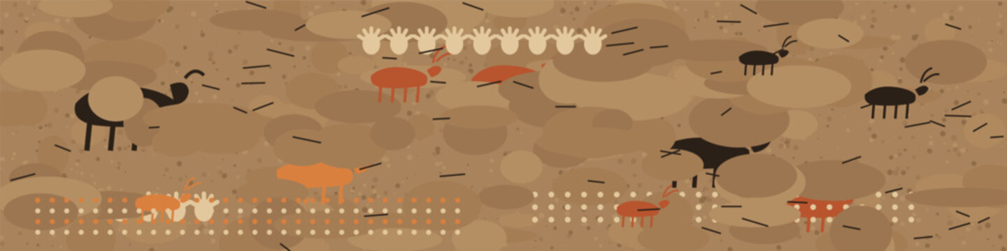 Prehistoric cave painting wall with ochre bison horses deer handprint stencils and dot rows on rock, paleolithic archaeology ultra wide banner vector
