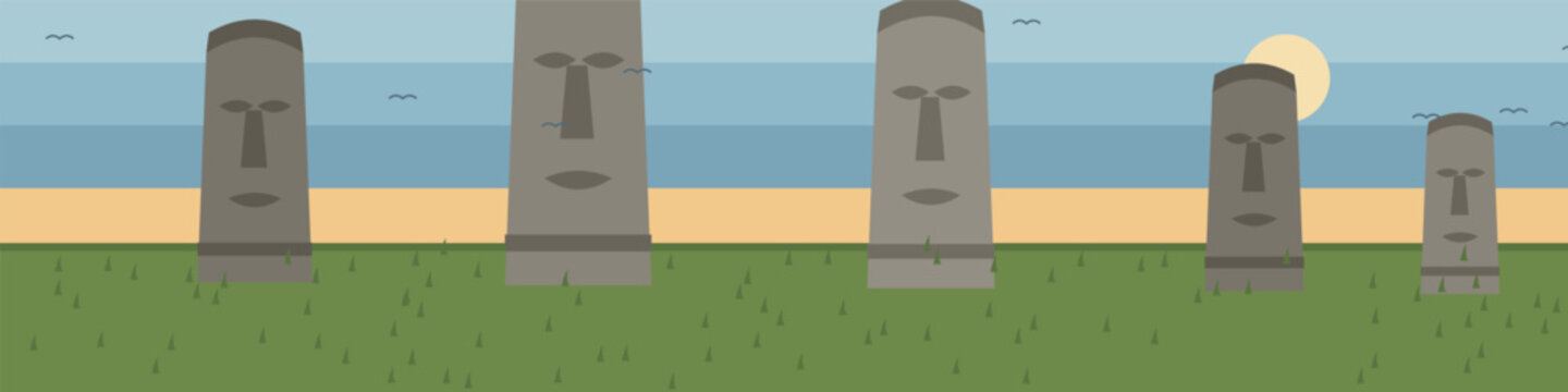Easter Island moai statues row with monolithic stone heads grassy slope and ocean sky, Polynesian Rapa Nui archaeology ultra wide banner vector illustration