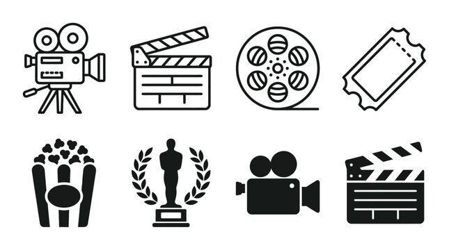 Cinema Icons Collection Black Line Art On White Background