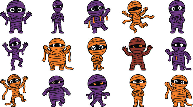 Cute cartoon mummies and monsters for halloween sticker collection