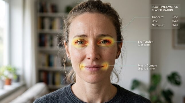 Woman with mixed emotions showing facial expression analysis with augmented reality markers