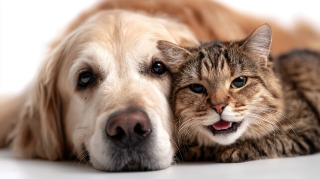 A heartwarming scene of a dog and a cat nestled together, showcasing their affectionate bond and mutual comfort, capturing the essence of friendship and companionship.