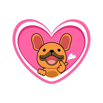 Cute French bulldog making finger heart in pink heart frame cartoon vector illustration