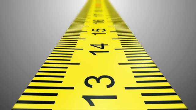 Close low-angle view gliding along a yellow measuring tape with numbered scale marks receding into the distance on a clean neutral background, 3D render