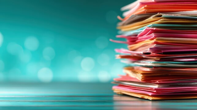 A vibrant stack of assorted paper files showcases organization and creativity in a colorful arrangement, symbolizing work, productivity, and careful arrangement in a workspace.