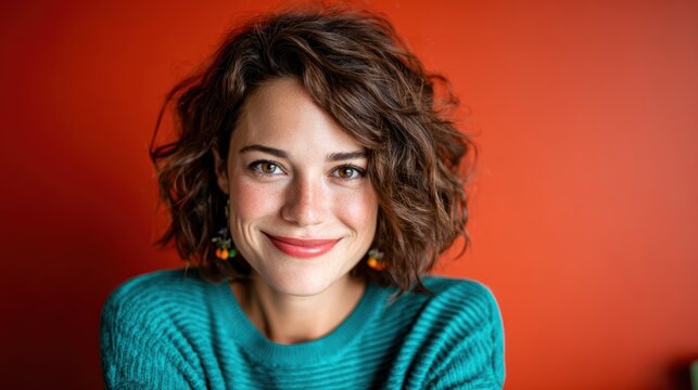 A cheerful young woman smiles warmly while dressed in a cozy sweater against a vibrant orange backdrop, exemplifying the essence of joy and approachable beauty in everyday life.