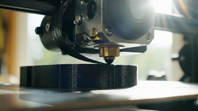 Close-up of a 3d printer nozzle extruding black filament, creating a circular object layer by layer, manufacturing technology, additive manufacturing