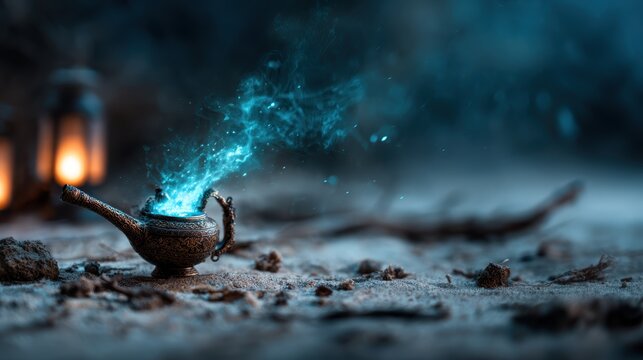 An enchanting magic lamp with swirling ethereal blue smoke emerging from it, set in a mystical, sandy environment that evokes a sense of wonder and fantasy.