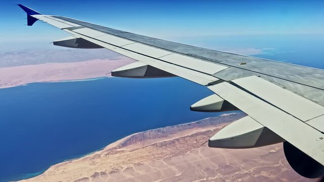 Aerial view of an airplane wing flying over the arid desert landscape and the deep blue waters of the Red Sea in Egypt.
