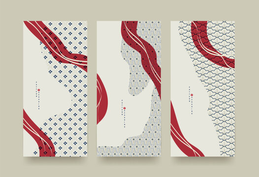 Set of Packaging templates japanese style background fabric luxury or premium products. Asian pattern art design.
