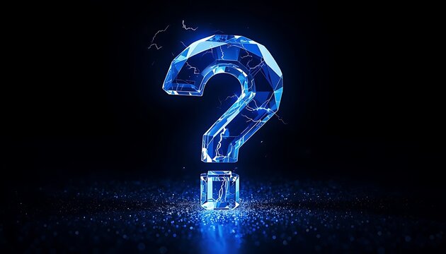 Glowing neon blue question mark composed of crystalline shards on dark abstract background.
