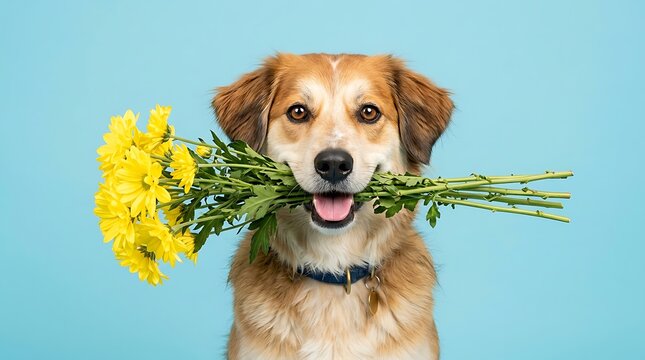 Happy dog holding bouquet of bright yellow flowers against minimalist solid light blue background with cheerful brown white mouth with well behaved