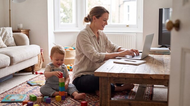 Authentic shot of professional mother working on laptop from home while toddler child plays nearby