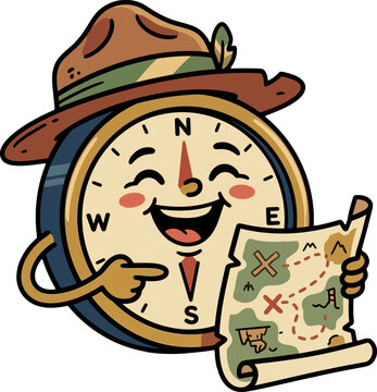 Cute cartoon compass character wearing an explorer hat and holding a treasure map, isolated on a white background.