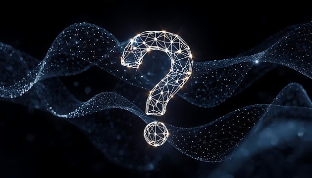 Abstract question mark made of glowing white polygons and dots with wavy lines on dark background.