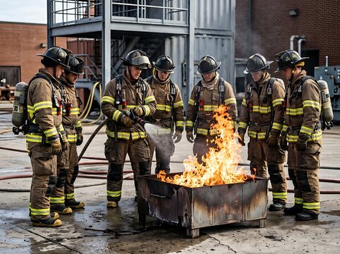 A team of professional firefighters in full protective gear practicing fire suppression techniques on a controlled fire during a training exercise outdoors
