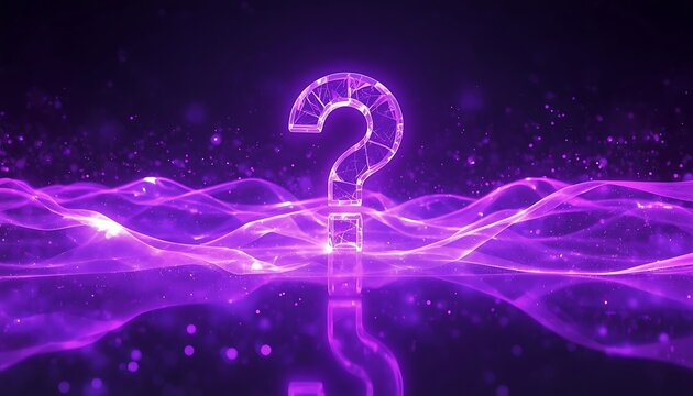 Glowing purple question mark on reflective surface with abstract waves and sparkling particles.