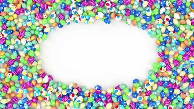Colorful decorated Easter eggs fall and gather into a dense oval border around a white center on a clean background, playful holiday themed 3D animation