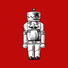 Fototapeta premium Vintage hand drawn nutcracker. Traditional Christmas sketch character. Holiday isolated vector illustration.