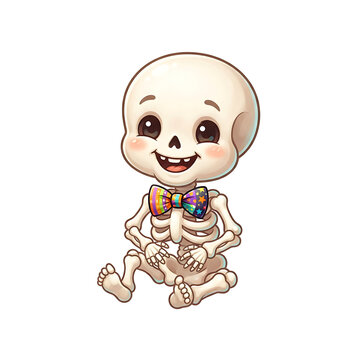 Cute cartoon baby skeleton character sitting and wearing a colorful bow tie, isolated on white background