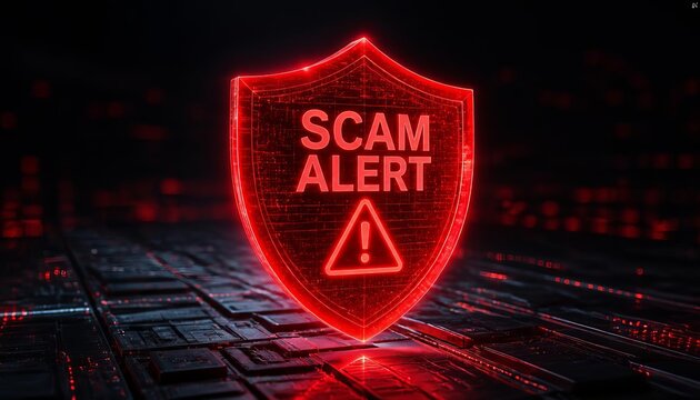 A glowing red shield with 'SCAM ALERT' text, set against a dark digital background, conveying urgency and caution.