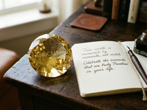 Crystal paperweight and open notebook on desk.