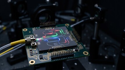 Fototapeta premium Close-up of a silicon photonics chip with colorful optical waveguides on a dark background