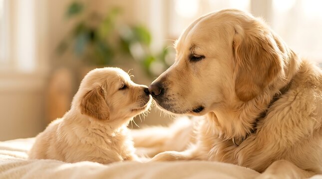 Adult golden retriever dog gently touching noses with its tiny fluffy puppy resting together indoors with while tenderly touching resting soft surface