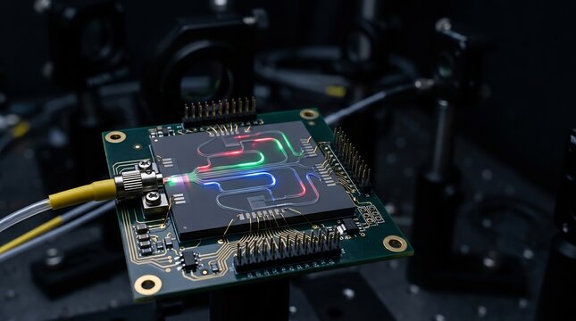Close-up of a silicon photonics chip with colorful optical waveguides on a dark background