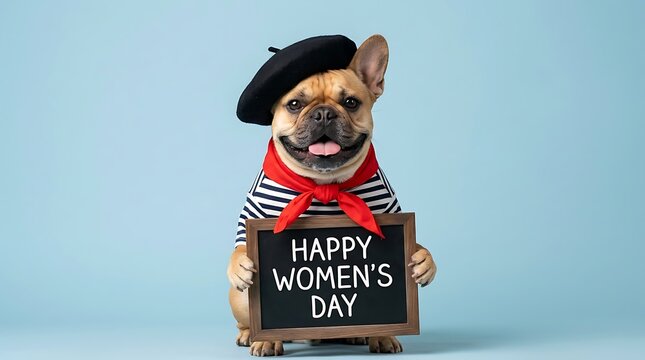 French bulldog wearing beret and striped shirt holding a chalkboard for women day celebration with bulldog dressed classic neckerchief black beret