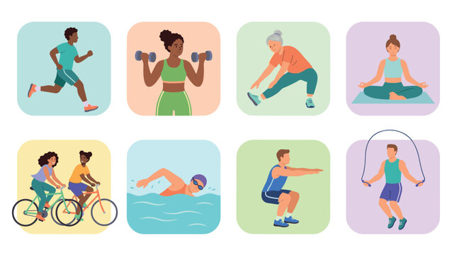People exercising and engaging in various physical activities like running, cycling, swimming, yoga, and weightlifting to maintain a healthy and active lifestyle.