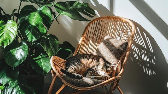 Cozy domestic cat napping peacefully on a wooden chair amidst lush green houseplant leaves bathed in warm sunlight