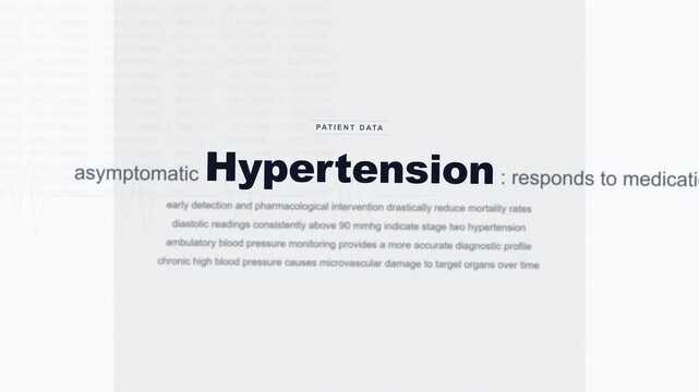 Hypertension medical report diagnostic data text montage, high blood pressure clinical journal stop motion typography
